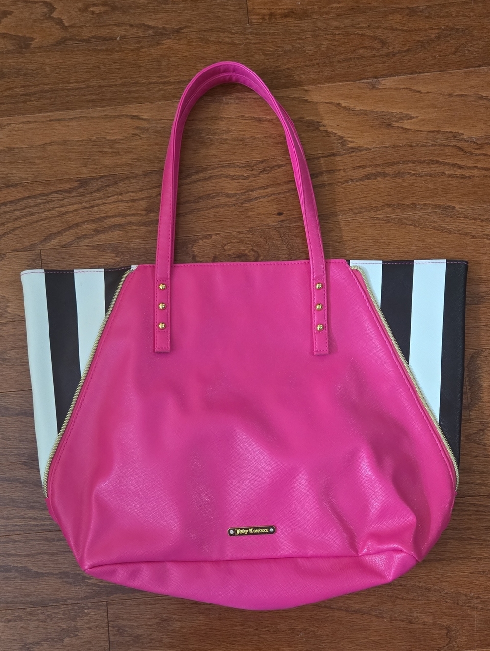 Juicy Couture Hot Pink Tote with Black and White Striped Sides